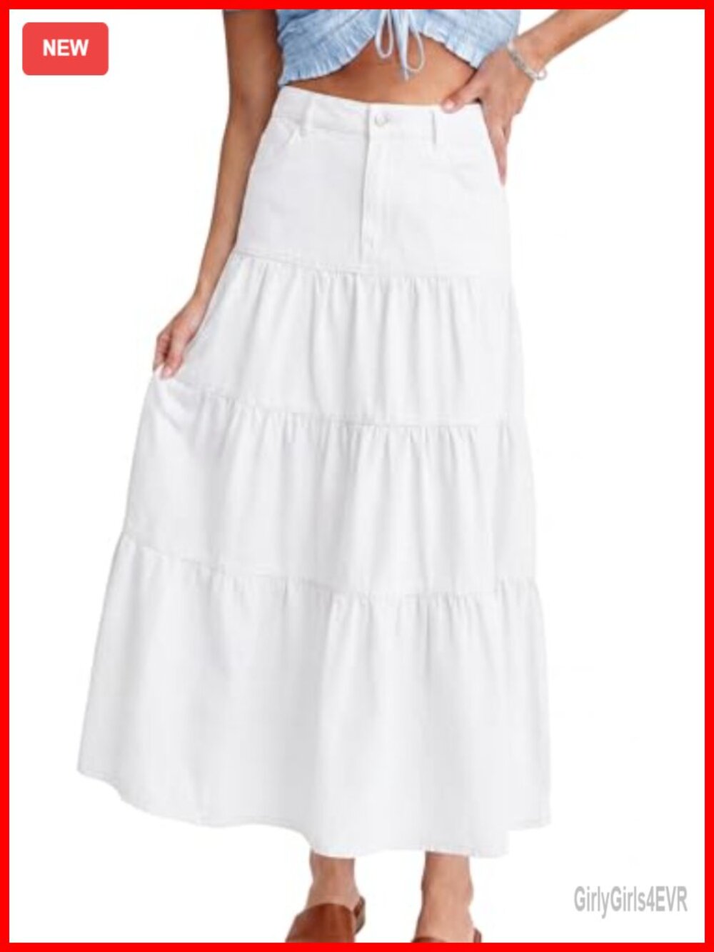 Long Tiered Maxi Denim Skirt High Elastic Waist Jean A-Line